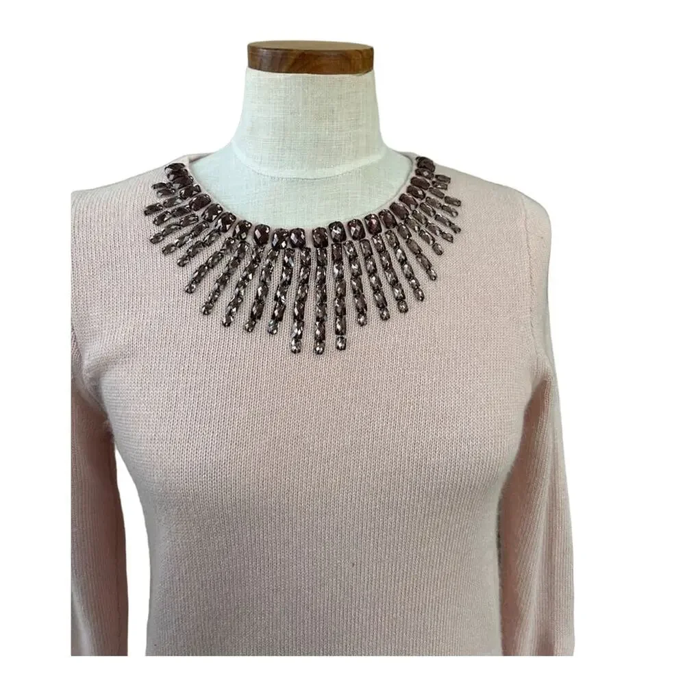 J Crew Starburst Jeweled Collar Sweater XS Blush Pink Wool Rabbit Back Zip 3/4